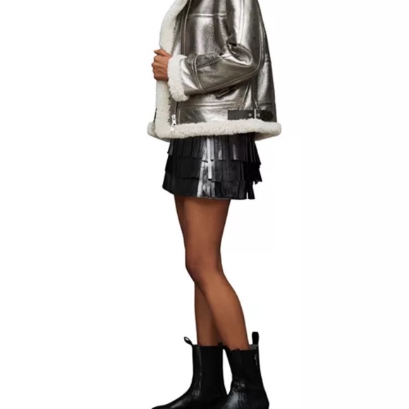 NWT AllSaints Silver Lorel Shearling Jacket Medium – Metallic Luxe Statement - Picture 4 of 15